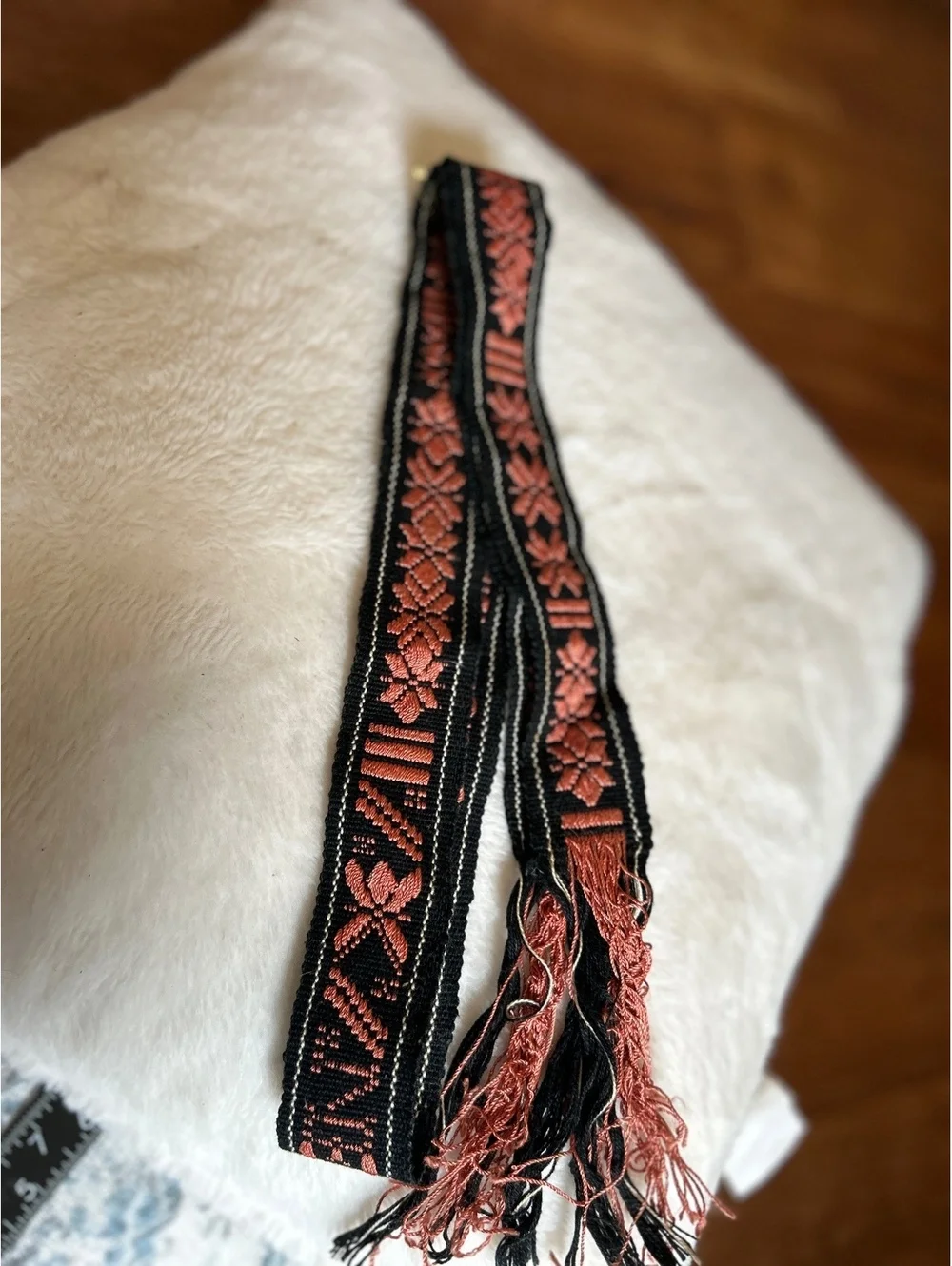 Vintage Black and Coral Woven Textile Belt with Floral Pattern